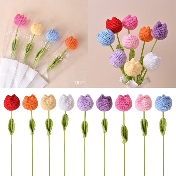 Crocheted Tulip Flowers Handmade Artificial Tulips Wool Yarn Decor for Home, Office, or Gift