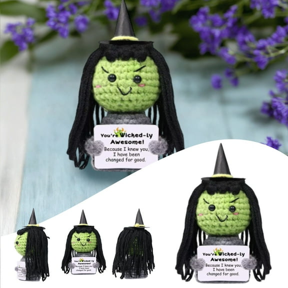 Crocheted Witch Hand Funny Doll Positive Energy Desktop Ornaments with Chicken Soup Card for Indoor Decoration