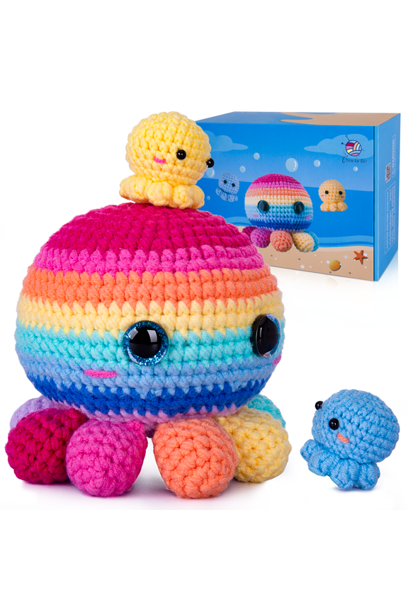 Crochet Kit for Beginners, Crochet Kit Step-by-Step Video Tutorials, Crochet Starter Kit Learn to Crochet Kits for Adults Kids Beginners, Jumbo 3 Colorful Octopus Familly (40%+ Yarn Content)