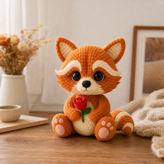 Crochetta Crochet Kit for Beginners - Crochet Starter Kit, Crochet Raccoon Doll DIY Kit, Learn to Crochet Kits for Adults, DIY Knitting Supplies, Rose‑Holding Raccoon(Orange)