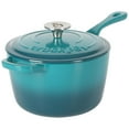 thumbnail image 1 of Crock-Pot Artisan 3 Quart Enameled Cast Iron Saucepan with Lid in Teal and Silver, 1 of 5