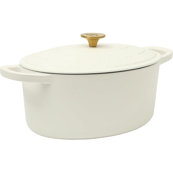 Crock Pot Artisan 7-Quart Oval Dutch Oven With Lid, Enameled Cast Iron, Linen White With Gold Knob, Heavy-Duty Cookware for Baking, Braising, Roasting & Slow Cooking
