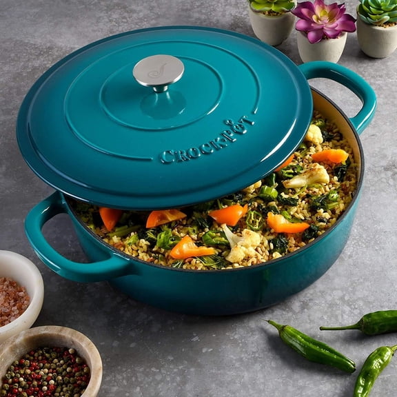 Crock Pot Artisan Enameled Cast Iron 5 Quart Round Braiser Pan with Self-Basting Lid in Teal Ombre