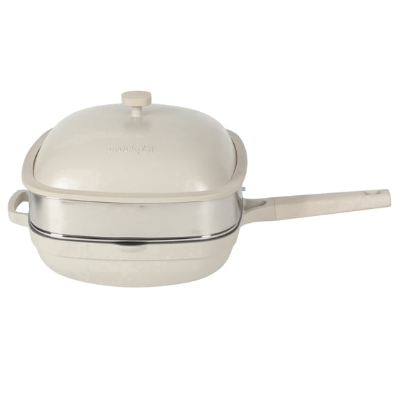 Crock Pot Northvale 5.3 Quart Ceramic Nonstick Sauté Pan with Steamer Basket & Lid, Cast Aluminum Pan with Induction Base and Soft-Touch Handle, Linen White