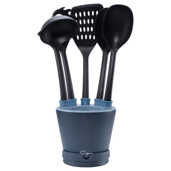 "Crock Sets with 5 Pieces Kitchen Utensil with Spoon Rest, Ladle, Spaghetti Spoon, Slotted Turner, Solid Spoon, Slotted Spoon in Black"