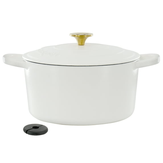 Crockpot Artisan 6 Quart Enameled Cast Iron Dutch Oven in Matte Linen with Gold Handle