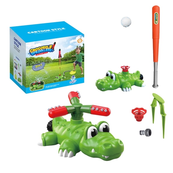Crocodile 2-in-1 Water Sprinkler and Rocket Launcher Outdoor Toy, 360° Spinning Backyard Water Toy with Baseball Bat & Stomp Rockets, Summer Splash Fun A