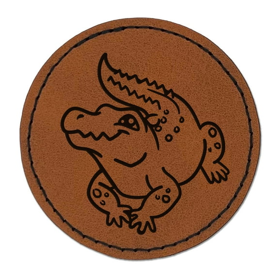 Crocodile Alligator Cute 2.5" Faux Leather Round Engraved Iron-On Patch - Brown