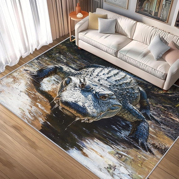 Crocodile Area Rugs, African Wildlife Pattern Carpet, Washable Non Slip Low Pile Soft Rug for Living Room Bedroom Decor Mat 5x8ft