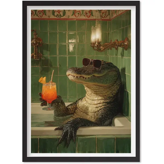 Crocodile Bathroom Wall Art, Vertical Cocktail Crocodile Print, Bathroom Poster, Matte Canvas Stretched, Posters for Room Bedroom Living Room Bathroom Wall Decor, Posters & Art Prints, Gift.