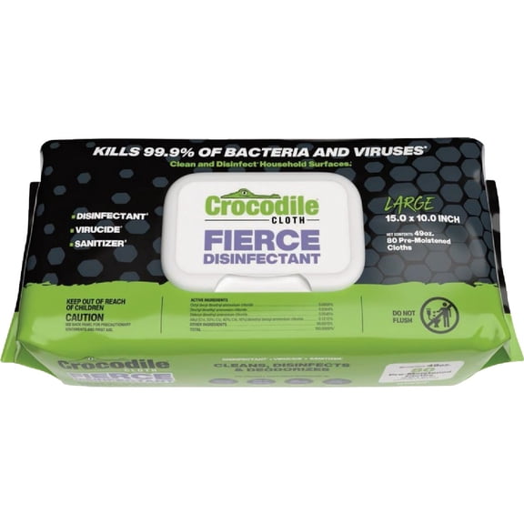 Crocodile Cloth Fierce Disinfectant Cleaning Wipes, 15" x 10", 80 Count, Multi-Surface