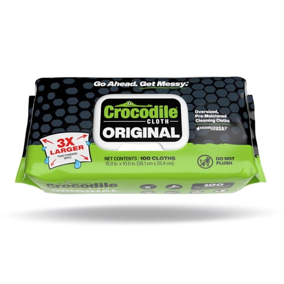 Crocodile Cloth Original Cleaning Wipes, Heavy-Duty Multi-Surface Hand & Tool Wipes, Water-Based, Safe on Skin, 100 Count, 15 x 10 Inch