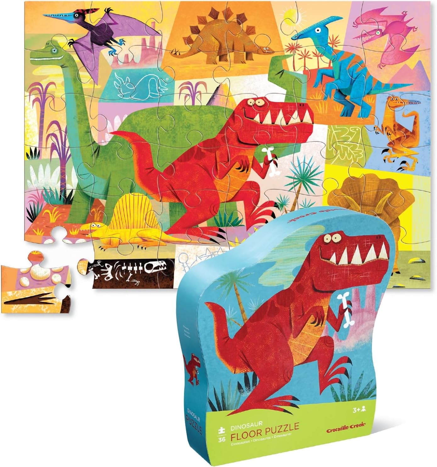 Crocodile Creek 36-Piece Jigsaw Floor Puzzle - Fun Floor Puzzles for Kids Ages 3-5 - Heavy-Duty Shaped Box for Storage - Dinosaur - 27" W x 20" H Finished