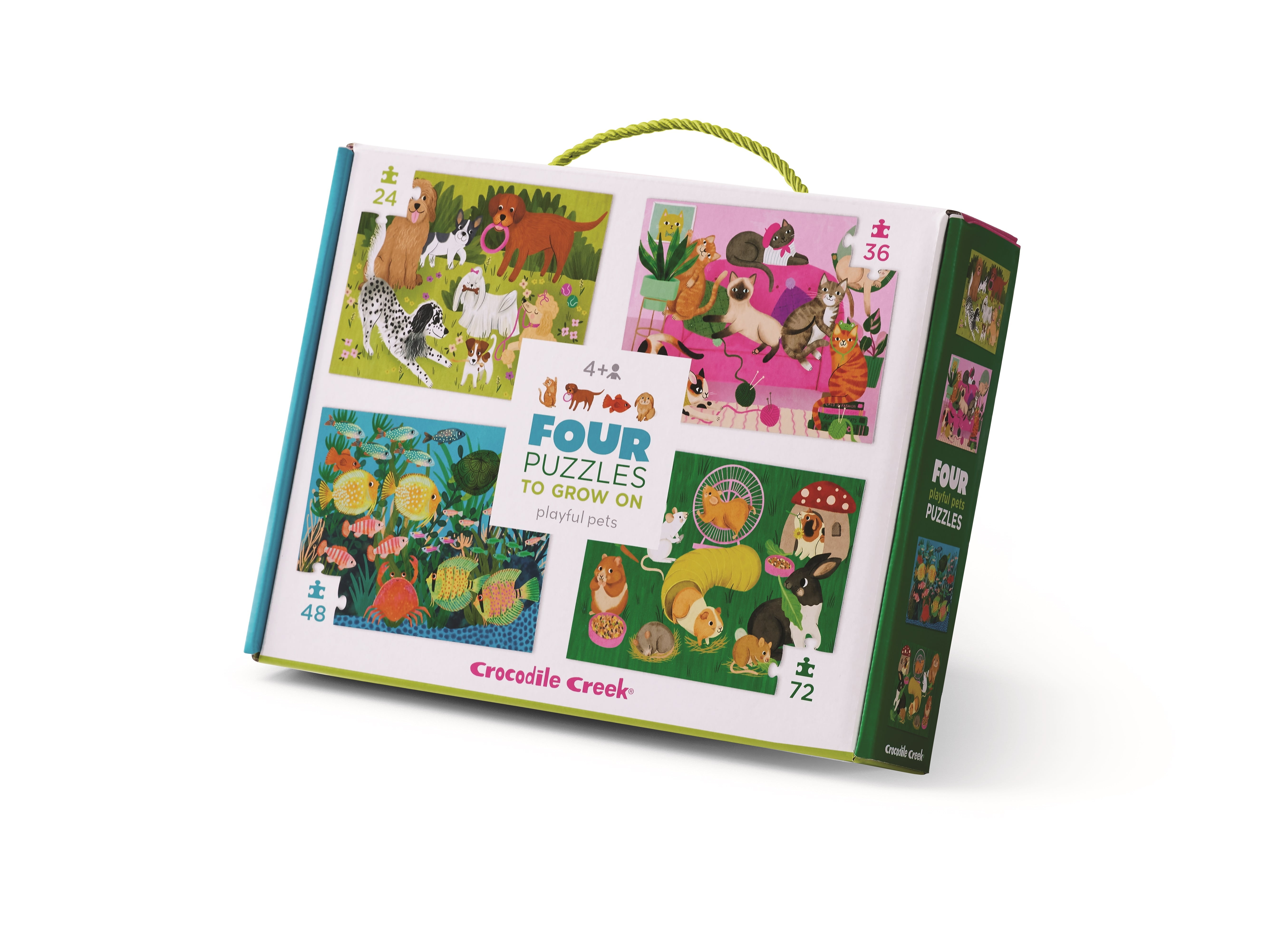 Crocodile Creek 4 pack Jigsaw Puzzle for Kids Ages 5 and Up - Fun and Educational Table or Floor - Heavy-Duty Box for Storage - Playful Pets - 13.5" x 18" Finished