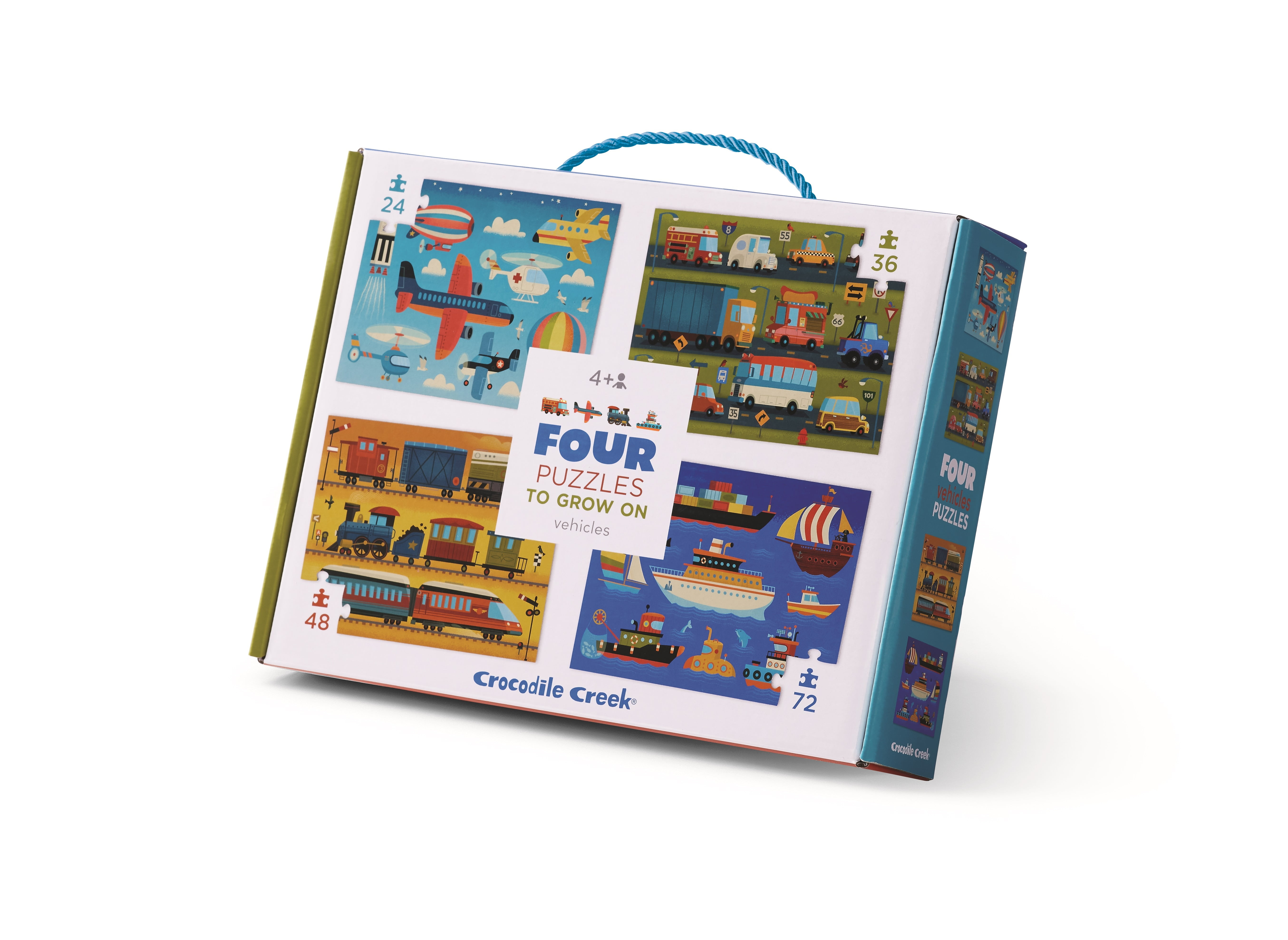 Crocodile Creek 4 pack Jigsaw Puzzle for Kids Ages 5 and Up - Fun and Educational Table or Floor - Heavy-Duty Box for Storage - Vehicles - 13.5" x 18" Finished