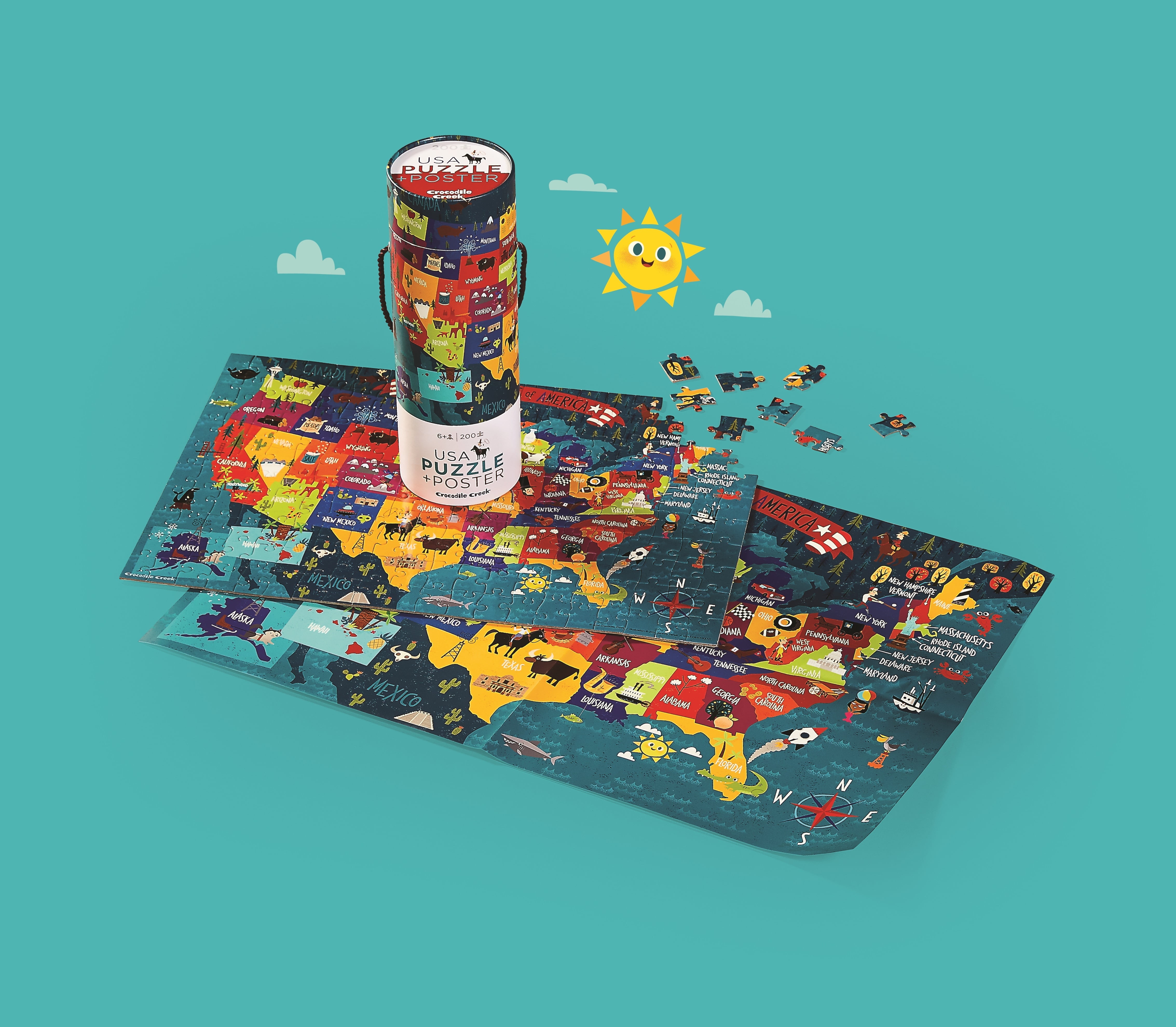 Crocodile Creek 200-Piece Jigsaw Floor Puzzle with Matching Poster - Fun Puzzles for Kids Ages 6-8 and Up - Heavy-Duty Storage Cylinder with Handle - USA Map - 19" x 13" Finished