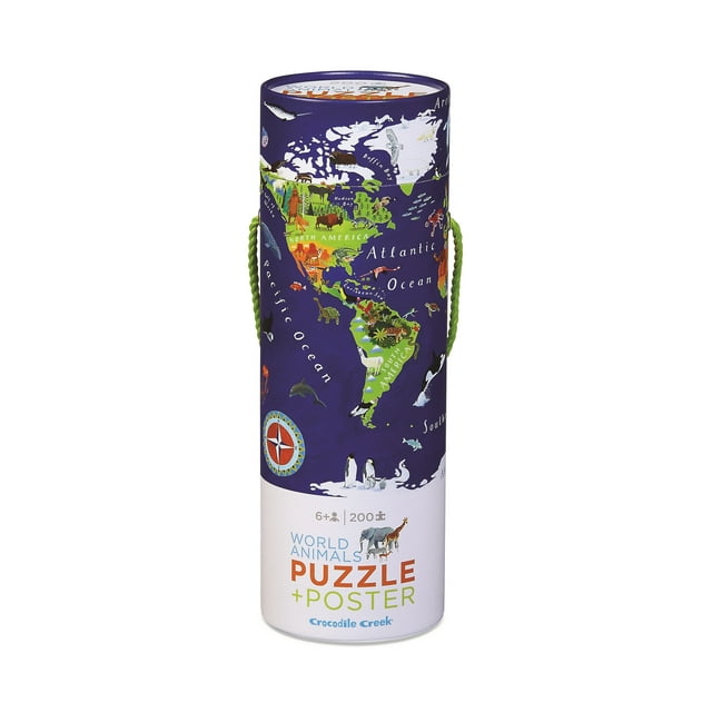 Crocodile Creek 200-Piece Jigsaw Floor Puzzle with Matching Poster - Fun Puzzles for Kids Ages 6-8 and Up - Heavy-Duty Storage Cylinder with Handle - World Map - 19" x 13" Finished