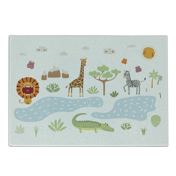 Crocodile Cutting Board, Doodle Design of Various Forest Animals by the Lake Landscape, Decorative Tempered Glass Cutting and Serving Board, in 3 Sizes, by Ambesonne