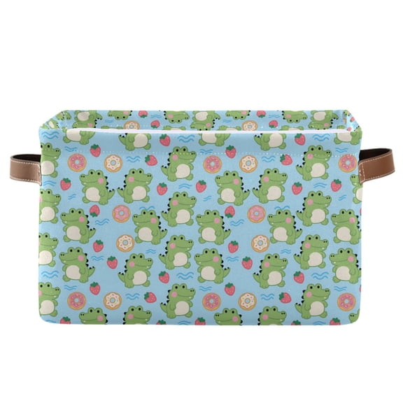 Crocodile Donut Pattern Storage Basket Canvas Waterproof PE Lining PU Leather Handles Collapsible 14.2x10.2x8.3in