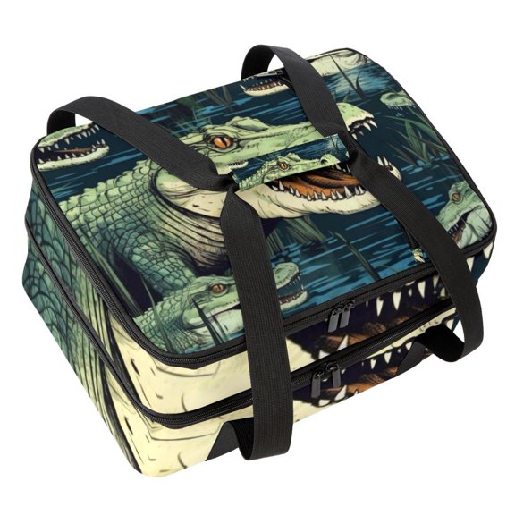 Crocodile Double Layered Insulated Refrigerated Lunch Bag with Two Compartments, Large Capacity, Hand Carry - 7.1x11.4x16.1 Inches