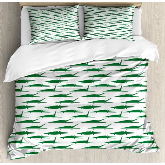 Crocodile Duvet Cover Set Queen Size, Funny Green Alligator Animals in Cartoon Style Zoo Reptile Biting Characters, Decorative 3 Piece Bedding Set with 2 Pillow Shams, Green White, by Ambesonne