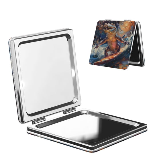 Crocodile Funny Surf Psychedelic Portable Double-Sided Face Mirror Square, Magnifying Compact Pocket Mirror with PU Leather Cover