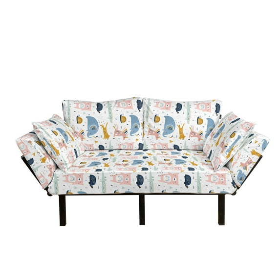 Crocodile Futon Couch, Composition of Funky Creatures with Streaks Drops and Animal, Daybed with Metal Frame Upholstered Sofa for Living Dorm, Loveseat, Blush and Multicolor, by Ambesonne