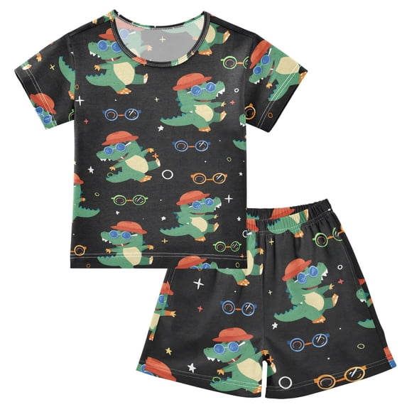 Crocodile Glasses Pattern Summer Pajama Set Soft Cotton Short Sleeve Sleepwear 2PCS Pajama Sets Breathable Lounge Set Size 12Y