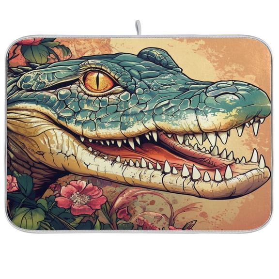 Crocodile Illustration in Realistic StyleKitchen Drying Mat Heat Resistant Drainage with Non-Slip Rubber Backing Hides Stains Super Absorbent Easy to Clean 18×24in