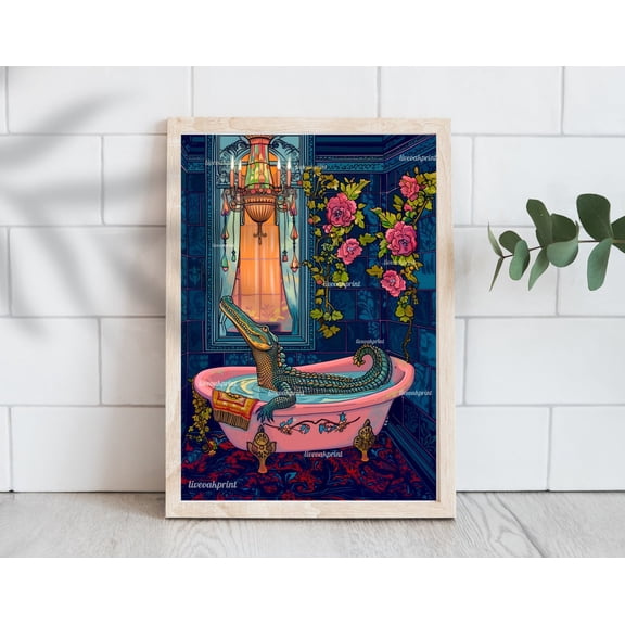 Crocodile In A Bathtub - Vintage Inspired Crocodile Print Wall Art, Modern Wall Decor, 16x24 UNFRAMED