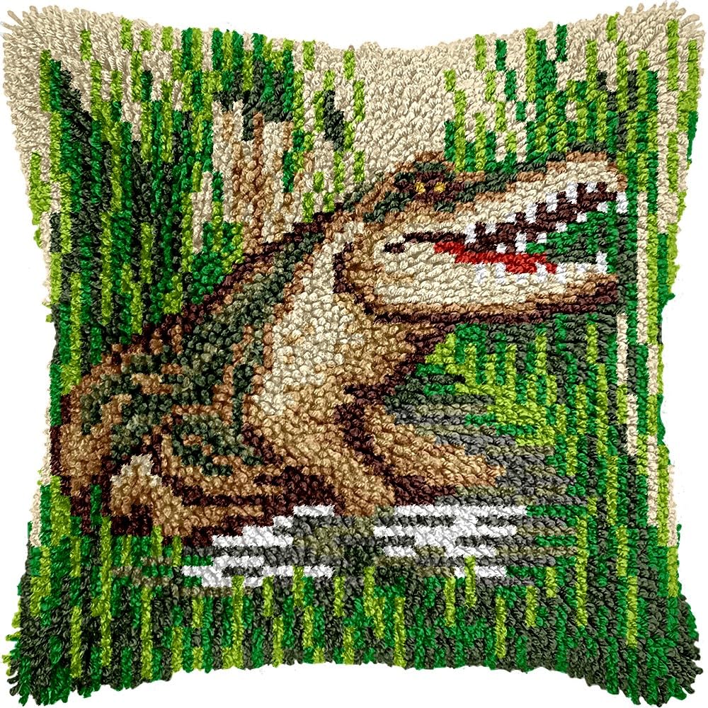 Crocodile Latch Hook Pillow Kits for DIY Handmade Throw Pillow Cushion Embroidery Latch Hooking Pillowcase Kits with Preprinted Canvas Crochet Yarn Kits 17''X 17''(g133)
