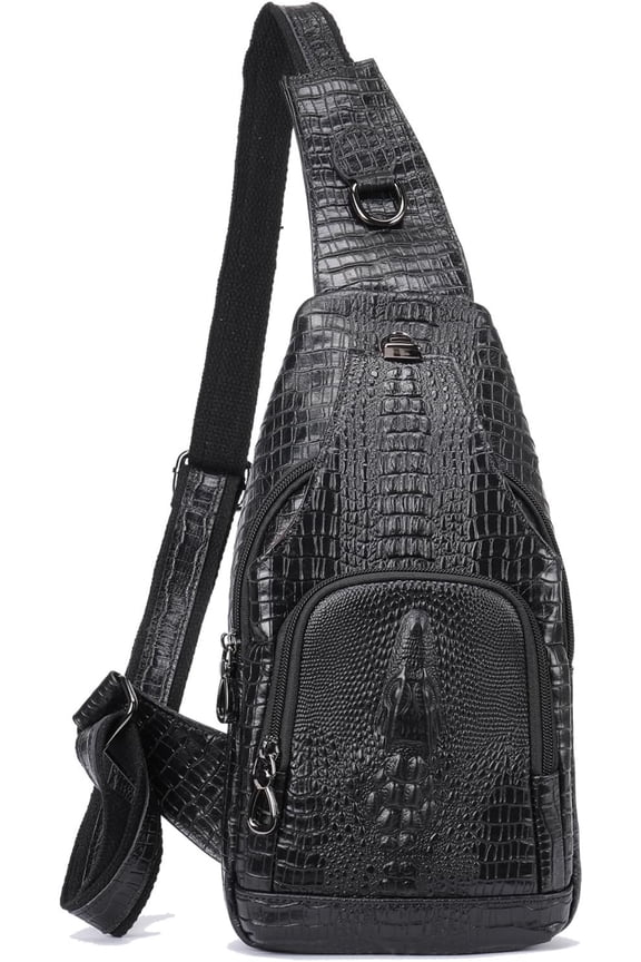 Crocodile Leather Sling Bag with Leather Strap, 3 Zipper Crossbody Bags for Travel Hike Everyday Carry
