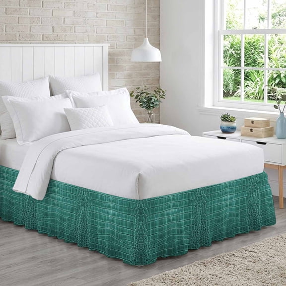 Crocodile Leather Texture Bed Skirt King Size 16 Inch Drop, Luxury Turquoise Adjustable Elastic Dust Ruffles Bedskirt for King Bed Wrap Around Pleated Mattress Frame Cover