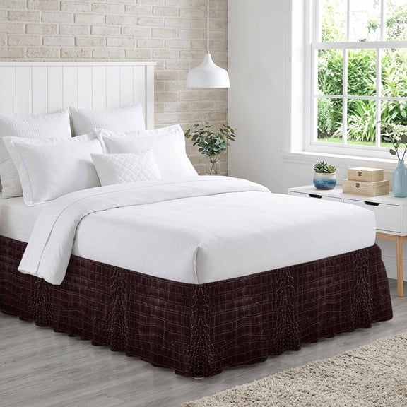 Crocodile Leather Texture Bed Skirt King Size 18 Inch Drop, Luxury Brown Adjustable Elastic Dust Ruffles Bedskirt for King Bed Wrap Around Pleated Mattress Frame Cover
