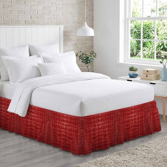 Crocodile Leather Texture Bed Skirt King Size 18 Inch Drop, Luxury Red Adjustable Elastic Dust Ruffles Bedskirt for King Bed Wrap Around Pleated Mattress Frame Cover