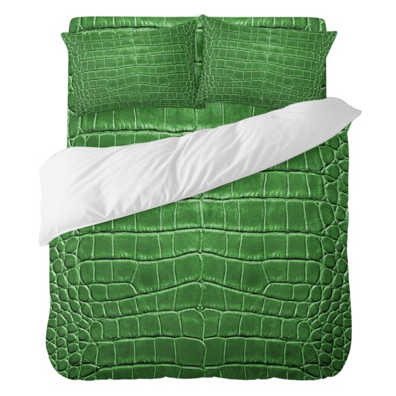 Crocodile Leather Texture Bedding Duvet Cover Set King Size 4 Pieces, Luxury Green Bedding Set with Zipper Closure, 1 Comforter Cover 104x90 Inches 1 Flat Sheet & 2 Pillow Cases