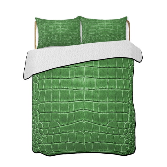 Crocodile Leather Texture Quilts Bedding Set King Size Luxury Green Lightweight Quilted Bedspread 3 Piece Bed Quilt with 2 Pillow Shams All Season for Bedroom 90" x 96"