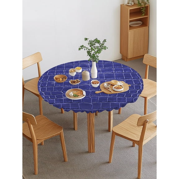 Crocodile Leather Texture Round Fitted Tablecloth with Elastic Edge, Luxury Navy Blue Waterproof Stretch Table Covers for 45"-54" Tables Wipeable Table Cloth for Outdoor
