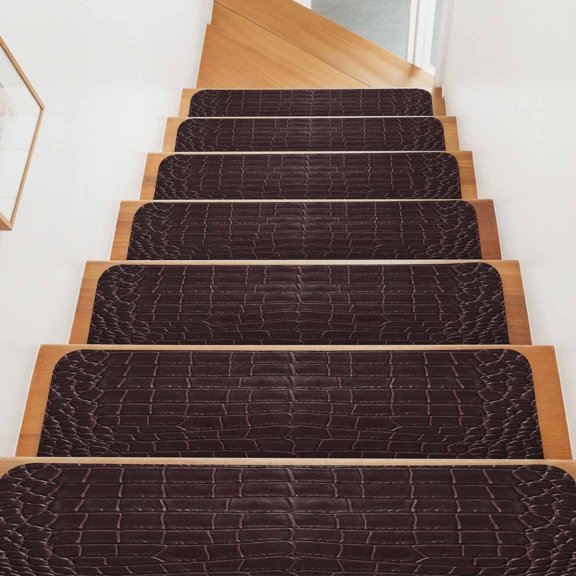 Crocodile Leather Texture Stair Treads Non Slip for Steps Luxury Brown 7 Pcs Reusable Adhesive Stair Runner Mats for Dogs Elders Carpet Treads Rugs for Staircase 8x30 In