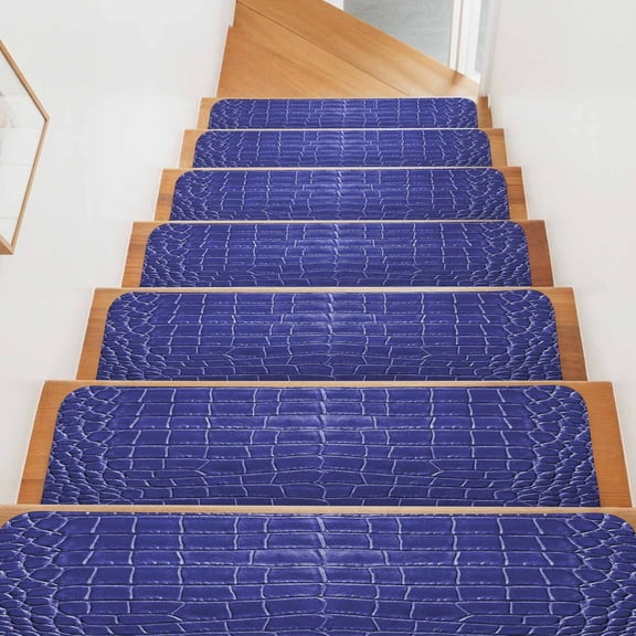 Crocodile Leather Texture Stair Treads Non Slip for Steps Luxury Navy Blue 4 Pcs Reusable Adhesive Stair Runner Mats for Dogs Elders Carpet Treads Rugs for Staircase 8x30 In