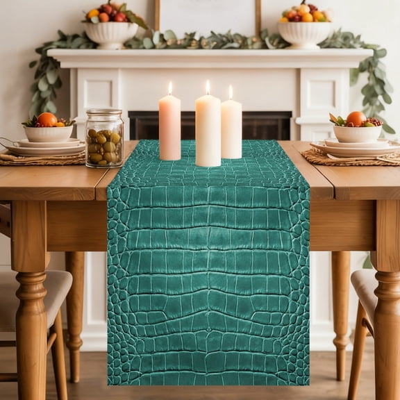 Crocodile Leather Texture Table Runner 13x36 Inch Luxury Turquoise Cotton Linen Dining Table Runner Ideal for Dresser Kitchen Coffee Tables - Machine Washable