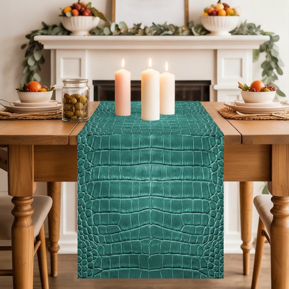 Crocodile Leather Texture Table Runner, Luxury Turquoise Washable Cotton-linen Table Runners Dining Kitchen Decoration for Everyday Home Wedding Party Decor, 13 x 36 Inch
