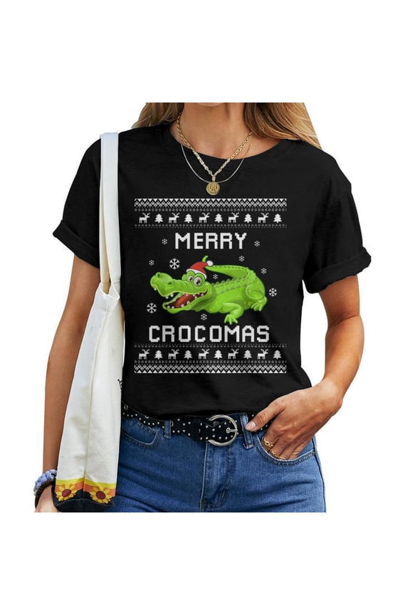 Crocodile Lover Christmas Graphic Ugly Xmas Sweater Tee Unisex Adult Cotton Holiday Winter T-Shirt, Size XL, Color Black
