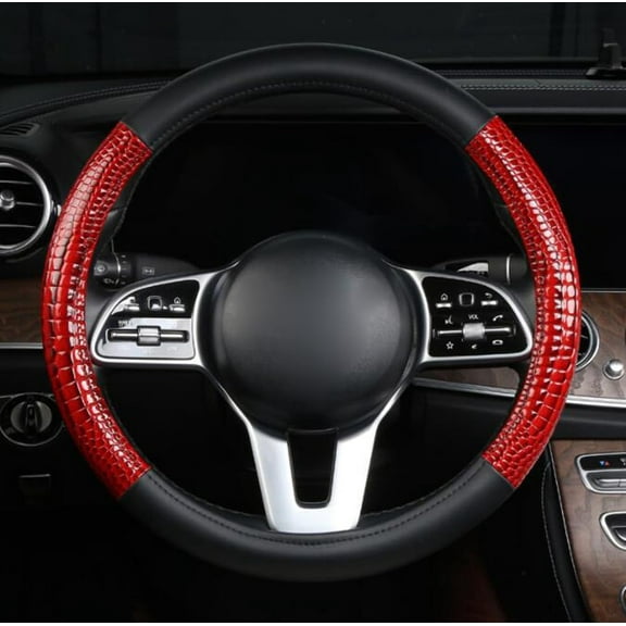Crocodile Pattern Steering Wheel Cover Leather Four Seasons General Breathable Anti-Slip Odorless Comfortable Grip 15 Inch Universal Fit