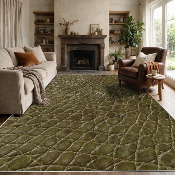 Crocodile Print Area Rugs, Olive Green Alligator Pattern Carpet, Washable Non Slip Low Pile Soft Rug for Living Room Bedroom Decor Mat 2x3ft