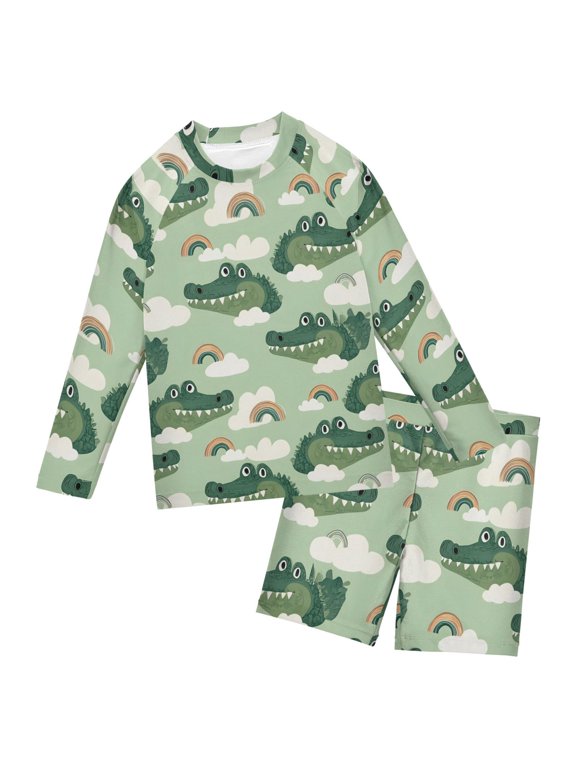 Crocodile Rainbow Cloud Pattern Boys' Bathing Suit UPF 50+ Boys' Rash Guard Sets Stretchy Quick Dry 3T-10T
