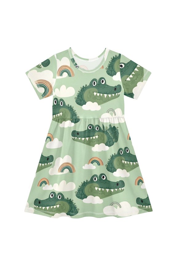 Crocodile Rainbow Cloud Pattern Girls Short Sleeve Dress A Line Sun Protection Breathable Comfort Sundress 3T