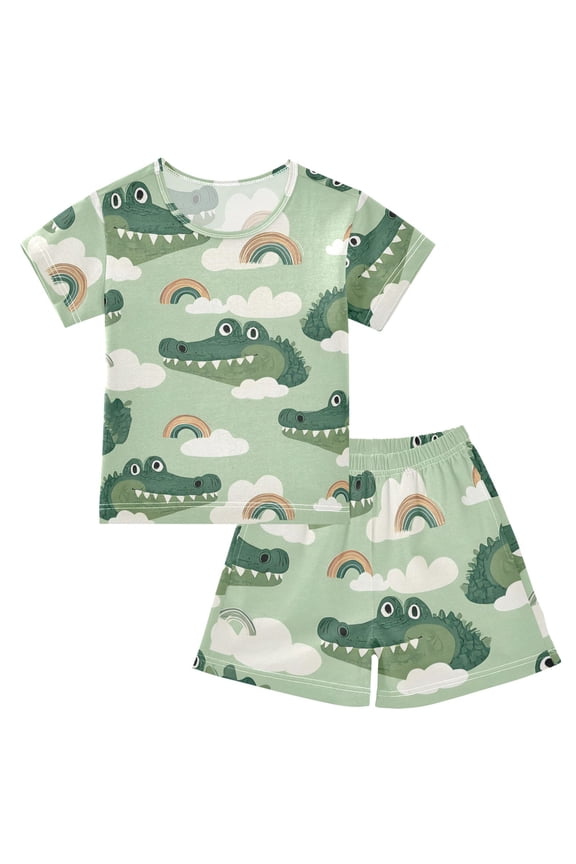 Crocodile Rainbow Cloud Pattern Summer Pajama Set Soft Cotton Short Sleeve Sleepwear 2PCS Pajama Sets Breathable Lounge Set Size 5Y