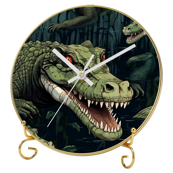 Crocodile Round Printed Wall Clock with Hooks and Gold Stand - Silent, Non-Ticking - for Any Room Decoration and Time Management