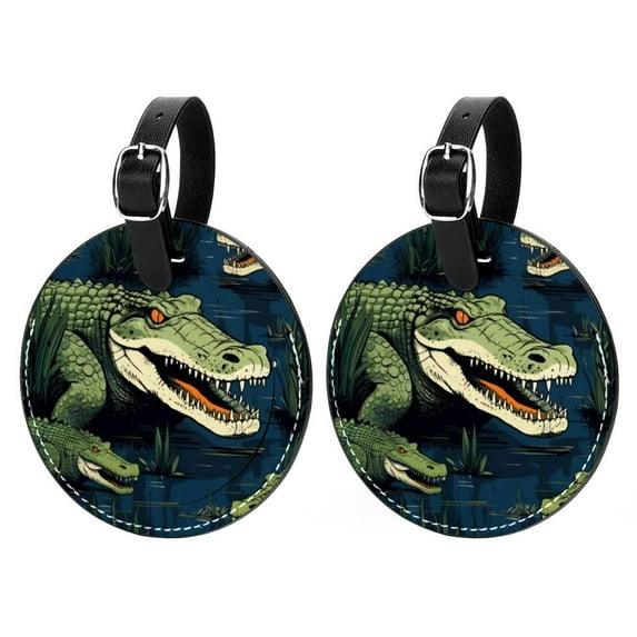 Crocodile Set of 2pcs PU Leather Round Suitcase Tags with Privacy Cover and Name ID Tag - Ideal for Travel Luggage, Handbags, Backpacks, School Bags